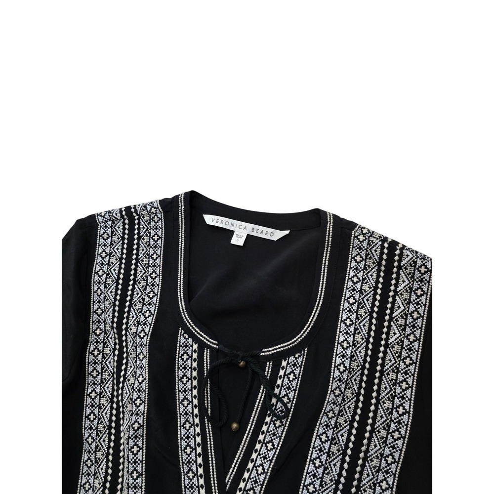 Veronica Beard Black Silk Embroidered Tie Neck Blouse Size 0 - Picture 4 of 10